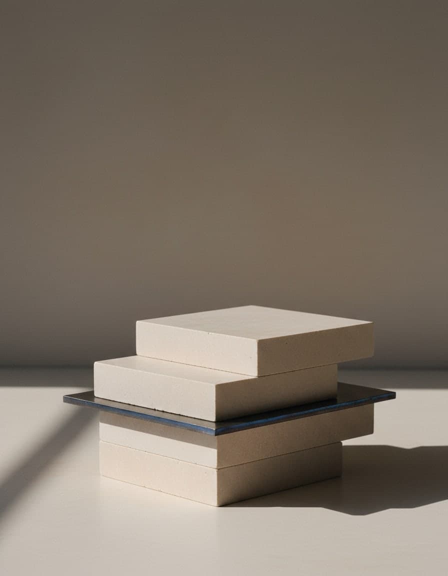Slabs of pale limestone stacked at right angles around a thin plate of blue-tempered steel, in low morning light