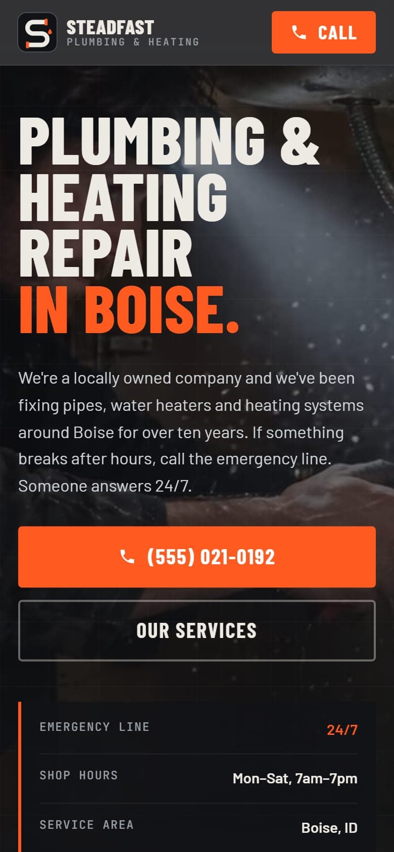 Steadfast Plumbing & Heating homepage on a phone